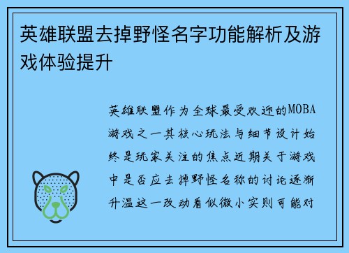 英雄联盟去掉野怪名字功能解析及游戏体验提升
